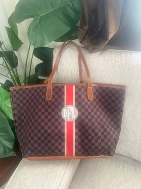 Barrington Brown Checkered Tote Bag with Red Stripe & Monogram Accent, Women's